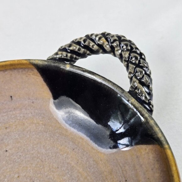 Studio Pottery Handmade Small Trinket Dish Bowl with Double Handles Cream Black - Picture 6 of 11